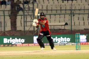 Lahore Qalandars batter Fakhar Zaman plays a shot during the Pakistan Super League (PSL 9) Twenty20 cricket match between Karachi Kings and Lahore Qalandars at the National Stadium