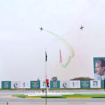 Pakistan Air Force fighting aircrafts demonstrate aerobic formation in Pakistan Day 2024 parade flypast ceremony, at Shakarparian Parade Ground