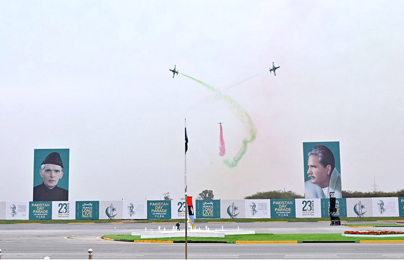 Pakistan Air Force fighting aircrafts demonstrate aerobic formation in Pakistan Day 2024 parade flypast ceremony, at Shakarparian Parade Ground