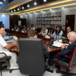 Federal Minister for Maritime Affairs Qaiser Ahmed Shaikh being briefed about the Port Qasim Authority (PQA) functions in a meeting