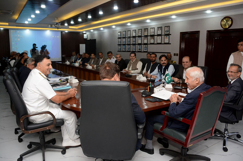 Federal Minister for Maritime Affairs Qaiser Ahmed Shaikh being briefed about the Port Qasim Authority (PQA) functions in a meeting