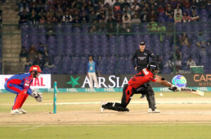 Lahore Qalandars batter Fakhar Zaman plays a shot during the Pakistan Super League (PSL 9) Twenty20 cricket match between Karachi Kings and Lahore Qalandars at the National Stadium