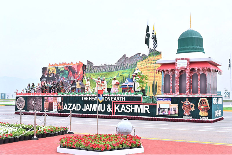 Azad Jammu & Kashmir float participates in Pakistan Day 2024 parade ceremony, at Shakarparian Parade Ground