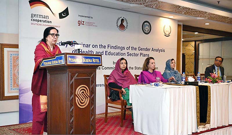 Ombudsperson KP Protection Against Harassment of Women at the Workplace Ms. Rakhshanda Naaz addressing during One-day seminar on the “Findings of the Gender Analysis of Health and Education Sector Plans”