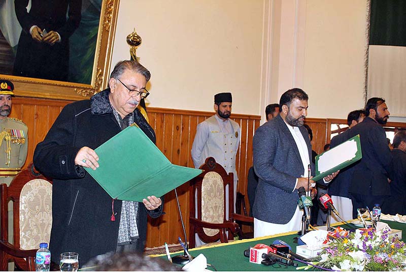 Governor Balochistan Malik Wali Khan Kakar administering oath to newly elected Chief Minister Balochistan Mir Sarfraz Bugti at Governor House. Governor Balochistan Malik Wali Khan Kakar administering oath to newly elected Chief Minister Balochistan Mir Sarfraz Bugti at Governor House.