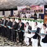 Chief Justice of Sindh High Court Mr. Justice Aqeel Ahmed Abbasi administering the oath to newly elected office bearers of High Court Bar Association on late last night.