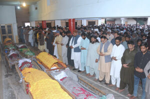 A large number of people attending the funeral prayer of nine victims of Haram Gate cylinder gas blast incident at Mohala Jawadia
