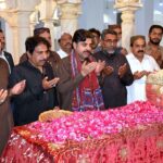 Sindh Minister for Energy, Planning and Development Syed Nasir Hussain Shah offering Fateha on the grave of Shaheed Zulfqar Ali Bhutto at Garhi Khuda Bakhsh