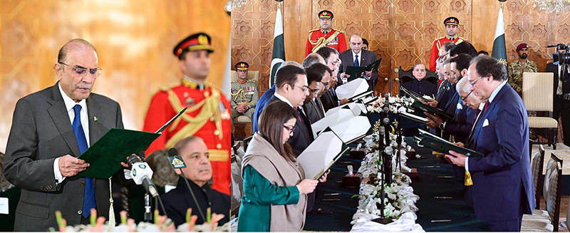 President Asif Ali Zardari administering oath of office to members of Federal Cabinet at Aiwan-e-Sadr, Prime Minister Muhammad Shehbaz Sharif was also present on the occasion