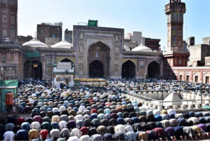 Muslim worshipers offer first Congregation Prayer (Friday prayers) during the Islamic holy fasting month of Ramadan at Historical Mosque Masjid Wazir Khan.