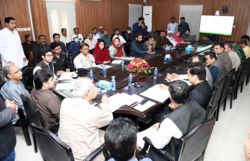 Sindh Minister for Energy, Planning and Development Syed Nasir Hussain Shah presiding over a meeting at Commissioner's Office