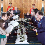 President Asif Ali Zardari administering oath of office to members of Federal Cabinet at Aiwan-e-Sadr, Prime Minister Muhammad Shehbaz Sharif was also present on the occasion