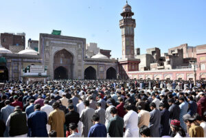 Muslim worshipers offer first Congregation Prayer (Friday prayers) during the Islamic holy fasting month of Ramadan at Historical Mosque Masjid Wazir Khan.