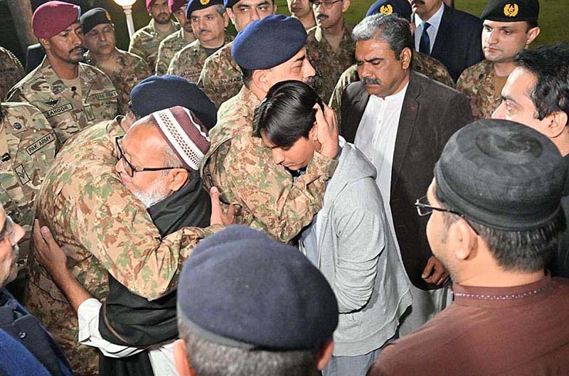 Chief of the Army Staff General Syed Asim Munir pays condolence to martyrs family after Funeral prayers of Lieutenant Colonel Syed Kashif Ali Shaheed (age: 39 years, resident of Karachi) and Captain Muhammad Ahmed Badar Shahed (age: 23 years, resident of District Talagang) who embraced martyrdom while defending their motherland against the scourge of terrorism in Mir Ali, North Waziristan District, were offered at Chaklala Garrison