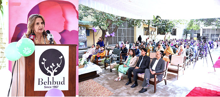 First Lady Begum Samina Alvi addressing an event in connection with International Women's Day, at Behbud Association of Pakistan.