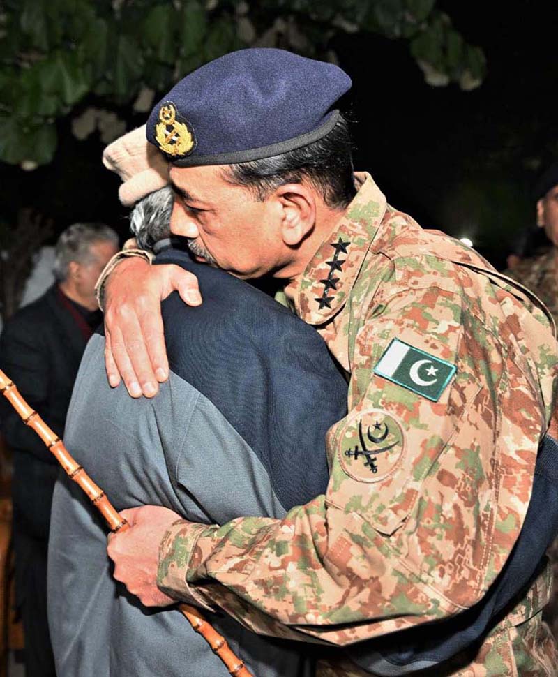 Chief of the Army Staff General Syed Asim Munir pays condolence to martyrs family after Funeral prayers of Lieutenant Colonel Syed Kashif Ali Shaheed (age: 39 years, resident of Karachi) and Captain Muhammad Ahmed Badar Shahed (age: 23 years, resident of District Talagang) who embraced martyrdom while defending their motherland against the scourge of terrorism in Mir Ali, North Waziristan District, were offered at Chaklala Garrison