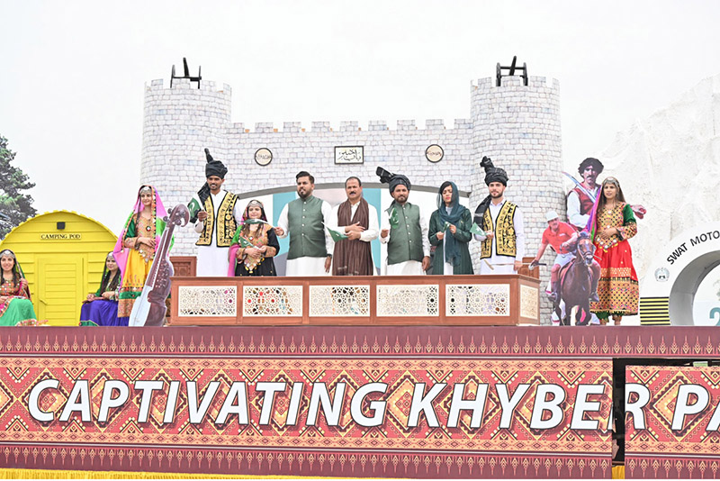 The float of Khyber Pakhtunkhwa showcases the culture of the province participates in Pakistan Day 2024 parade ceremony, at Shakarparian Parade Ground