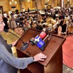 Defense Minister Khawaja Muhammad Asif addressing the welcome iftar dinner by University of Sialkot Chairman Faisal Manzoor Malik