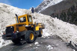 Heavy machinery being used to remove snow from the road of Astore Valley by the staffer of Gilgit-Baltistan Disaster Management Authority and Works Department after heavy sown fall caused land sliding in different area.