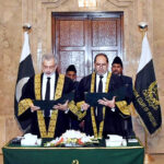 The Honourable Chief Justice of Pakistan Mr. Justice Qazi Faez Isa administering the oath of office to Honourable Mr. Justice Naeem Akhtar Afghan, Chief Justice, High Court of Balochistan as Judge of the Supreme court of Pakistan at the Supreme Court