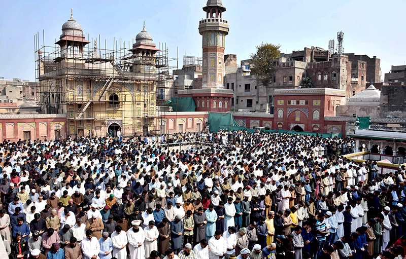 Muslim worshipers offer Friday prayers during the holy fasting month of Ramadan at historical Mosque Masjid Wazir Khan