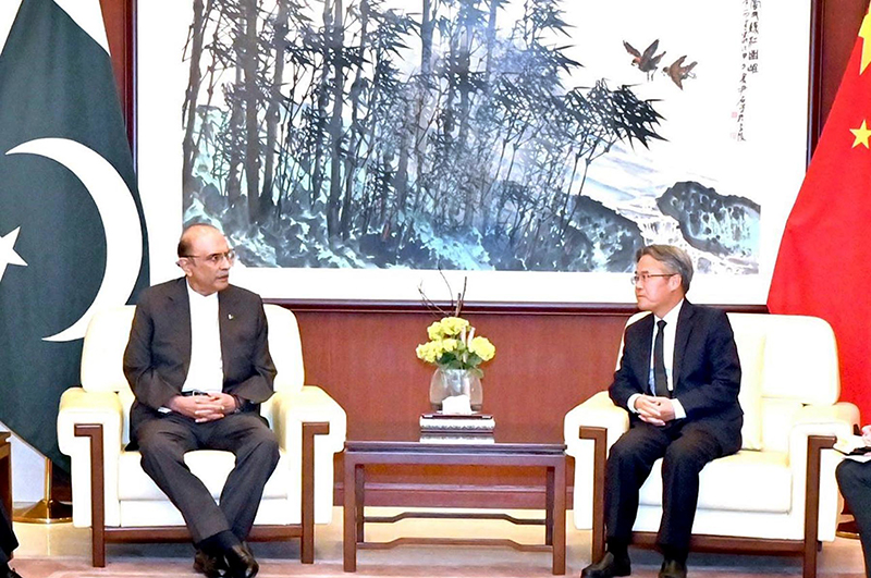 President Asif Ali Zardari meeting with the Ambassador of the People's Republic of China, Mr Jiang Zaidong, to offer his condolences over the killing of Chinese citizens in Bisham, at the Chinese Embassy