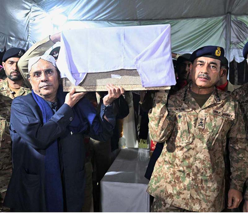 President of Pakistan Asif Ali Zardari and Chief of the Army Staff General Syed Asim Munir and attending Funeral prayers of Lieutenant Colonel Syed Kashif Ali Shaheed (age: 39 years, resident of Karachi) and Captain Muhammad Ahmed Badar Shahed (age: 23 years, resident of District Talagang) who embraced martyrdom while defending their motherland against the scourge of terrorism in Mir Ali, North Waziristan District, were offered at Chaklala Garrison