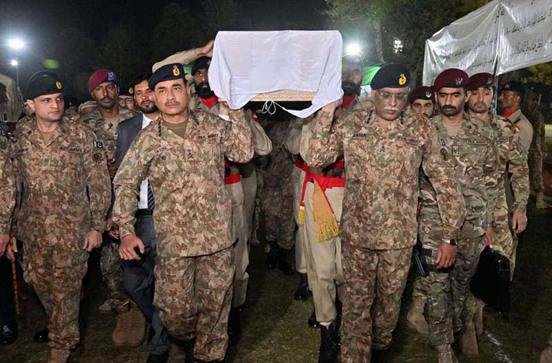 Funeral prayers of Lieutenant Colonel Syed Kashif Ali Shaheed (age: 39 years, resident of Karachi) and Captain Muhammad Ahmed Badar Shahed (age: 23 years, resident of District Talagang) who embraced martyrdom while defending their motherland against the scourge of terrorism in Mir Ali, North Waziristan District, were offered at Chaklala Garrison