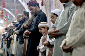 People praying first Tarawih in congregation in Qadimi Jamia Masjid as the crescent moon sighted in the country