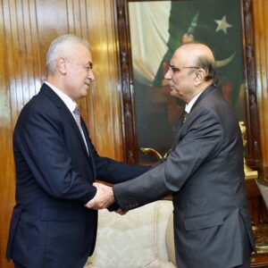 The Ambassador of Palestine to Pakistan, Ahmed Jawad Rabei, calls on President Asif Ali Zardari, at Aiwan-e-Sadr.