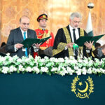 Chief Justice of Pakistan, Justice Qazi Faez Isa, administering the oath of office of the President of Pakistan to Mr. Asif Ali Zardari, at Aiwan-e-Sadr