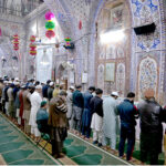 People praying first Tarawih in congregation in Qadimi Jamia Masjid as the crescent moon sighted in the country