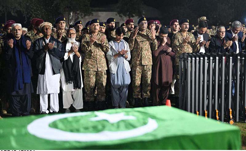 Funeral prayers of Lieutenant Colonel Syed Kashif Ali Shaheed (age: 39 years, resident of Karachi) and Captain Muhammad Ahmed Badar Shahed (age: 23 years, resident of District Talagang) who embraced martyrdom while defending their motherland against the scourge of terrorism in Mir Ali, North Waziristan District, were offered at Chaklala Garrison