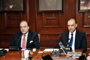 Federal Minister for Finance and Revenue, Muhammad Aurangzeb in a meeting with Governor SBP and CEOs of all leading Banks, at SBP headquarters, during his visit.