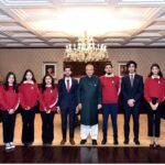 President Dr Arif Alvi in a group photo with a delegation of students from the Lahore University of Management Sciences (LUMS), who won the Best Small Delegation Award for Pakistan at the Harvard National Model United Nations USA, at Aiwan-e-Sadr