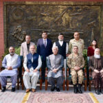 A group photo of Federal Minister for Defence Production Khawaja Muhammad Asif with Secretary Defence Production, Lt Gen (Retd) Muhammad Chiragh Haider and other high officials of Ministry of Defence Production
