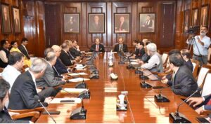 Federal Minister for Finance and Revenue, Muhammad Aurangzeb in a meeting with Governor SBP and CEOs of all leading Banks, at SBP headquarters, during his visit.