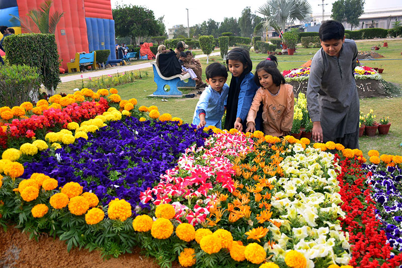 Families visiting flowers exhibition during the flowers show at Cantt Park