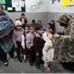 Polio worker administering polio drops to children at local school during anti-polio vaccination campaign in Provincial Capital
