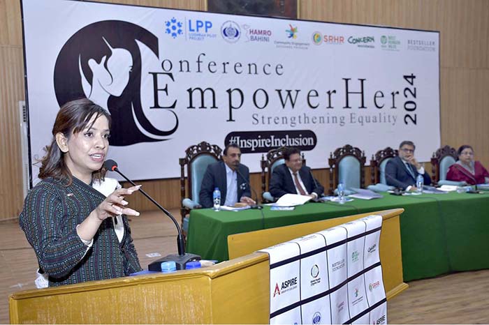 Founder South and Central Asia SRHR CEE Innovation Hub, Ms. Prakriti Dhakal addressing during the conference EmpowerHer 2024 in connection with International Women's Day at Jinnah Auditorium.