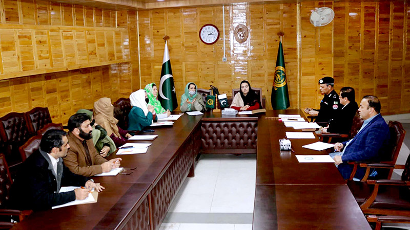 Secretary Home Gilgit-Baltistan Ali Asghar and Inspector General of Police Gilgit-Baltistan Afzal Mehmood Butt briefs members of the Women's Caucus of Gilgit-Baltistan Assembly regarding Falak Noor case