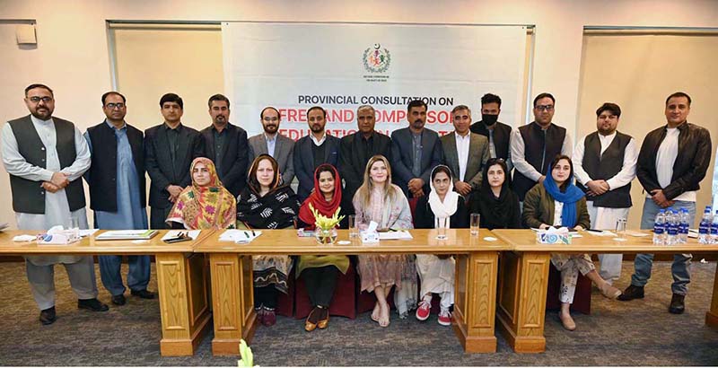 Member National Commission the Rights of Child Ms. Nadia Bibi in a group photo with other participants during Provincial Consultation meeting on Free and Compulsory Education in Pakistan