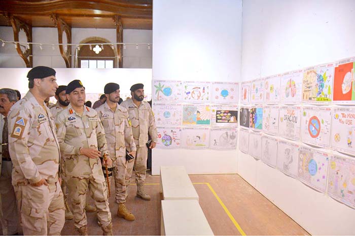 Directorate Commander ANF Sindh Brigadier Umer Farooq and others viewing Drug Awareness Poster Competition' among different schools of Karachi at Sadequain Gallery Frere Hall.
