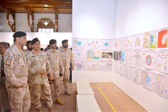 Directorate Commander ANF Sindh Brigadier Umer Farooq and others viewing Drug Awareness Poster Competition' among different schools of Karachi at Sadequain Gallery Frere Hall.