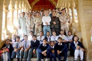 Directorate Commander ANF Sindh Brigadier Umer Farooq and others viewing Drug Awareness Poster Competition' among different schools of Karachi at Sadequain Gallery Frere Hall.