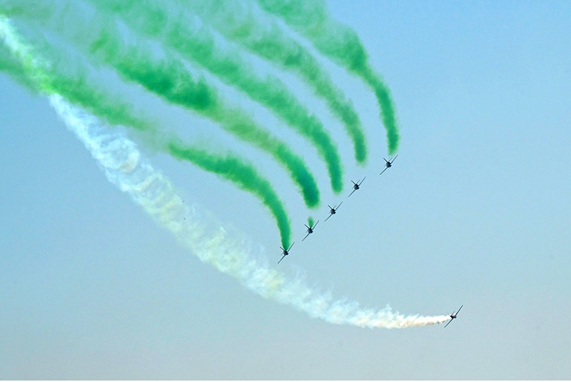 Pakistan Air Force fighter aircrafts demonstrate aerobic feats participating in Pakistan Day 2024 parade ceremony, at Shakarparian Parade Ground