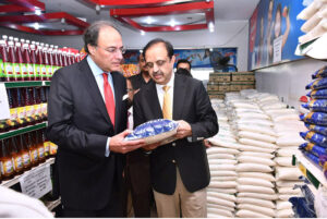 Federal Minister for Finance & Revenue, Muhammad Aurangzeb talking to media during his visit to Utility Stores Corporation to oversee the implementation of the enhanced Ramadan Relief Package.