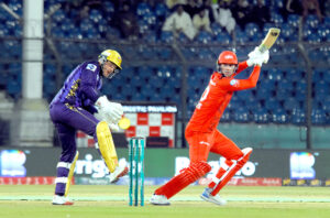 Islamabad United batter Alex Hales plays a shot during the Pakistan Super League (PSL) Twenty20 cricket match playing between Islamabad United and Quetta Gladiators at the National Stadium.