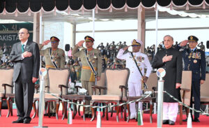 President of Pakistan Asif Ali Zardari , Prime Minister Muhammad Shehbaz Sharif and Chairman Joint Chiefs of Staff Committee along with Tri-Services Chiefs at Pakistan Day Parade 2024