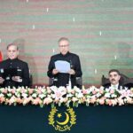 President Dr. Arif Alvi administering the oath of office to Mian Muhammad Shehbaz Sharif as the Prime Minister of the Islamic Republic of Pakistan at Aiwan-e-Sadr